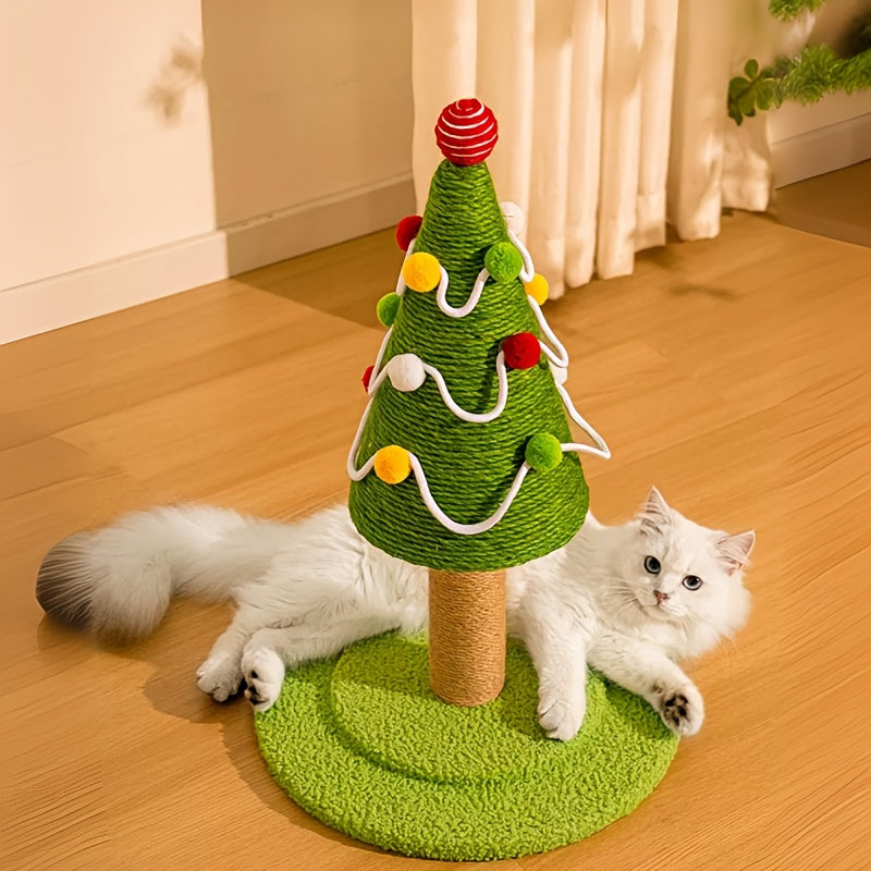 Cat playing with a Christmas tree-shaped cat toy on a wooden floor.