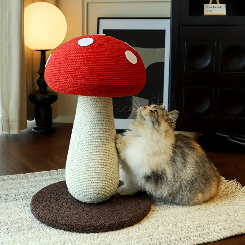 Cat playing with a red and white mushroom-shaped scratching post on a rug.