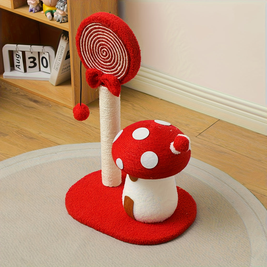 Red and white cat toy with a scratching post on a wooden floor.
