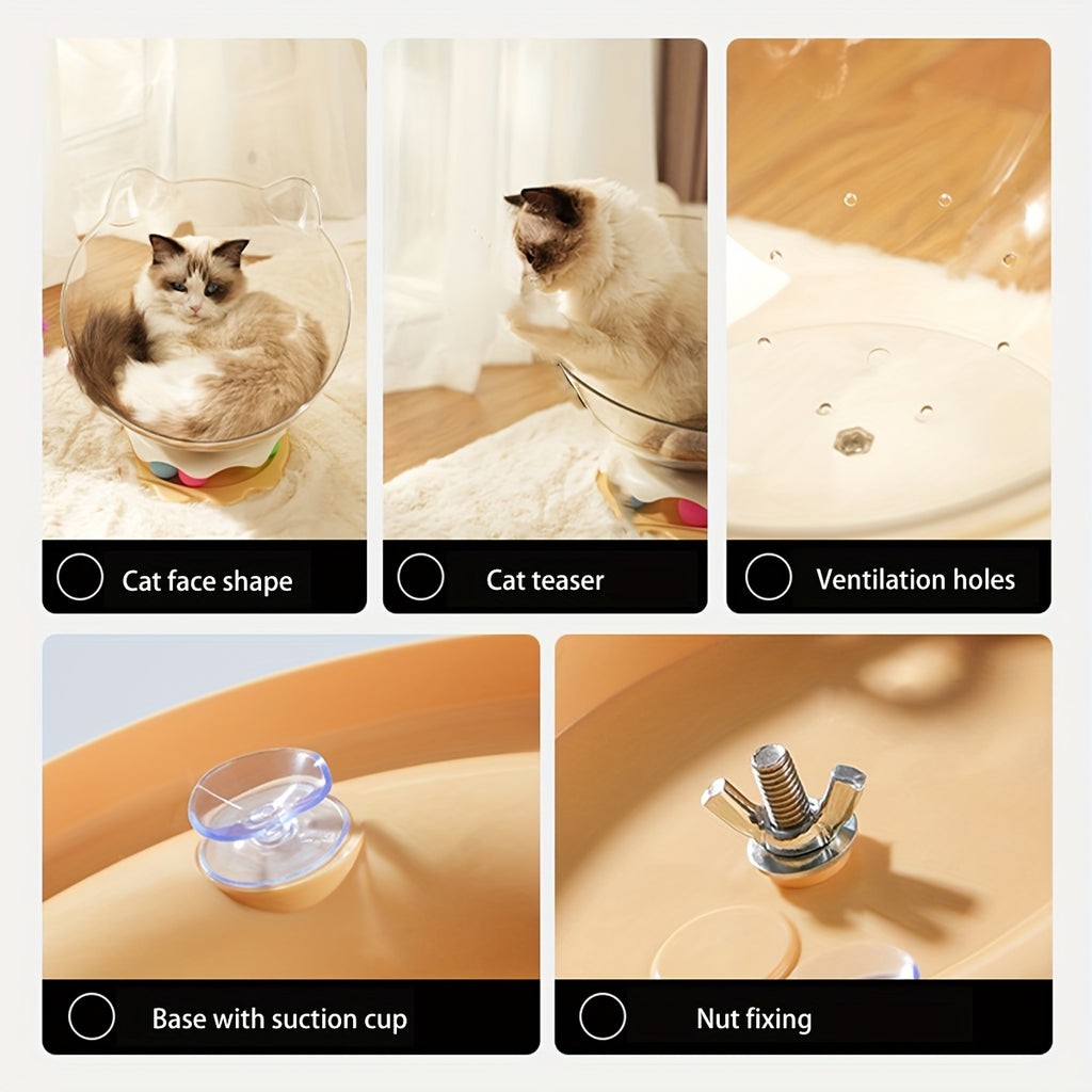 Collage of a cat toy with features highlighted, including cat face shape, teaser, ventilation holes, base with suction cup, and nut fixing.