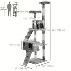 Gray cat tree with dimensions labeled on a white background