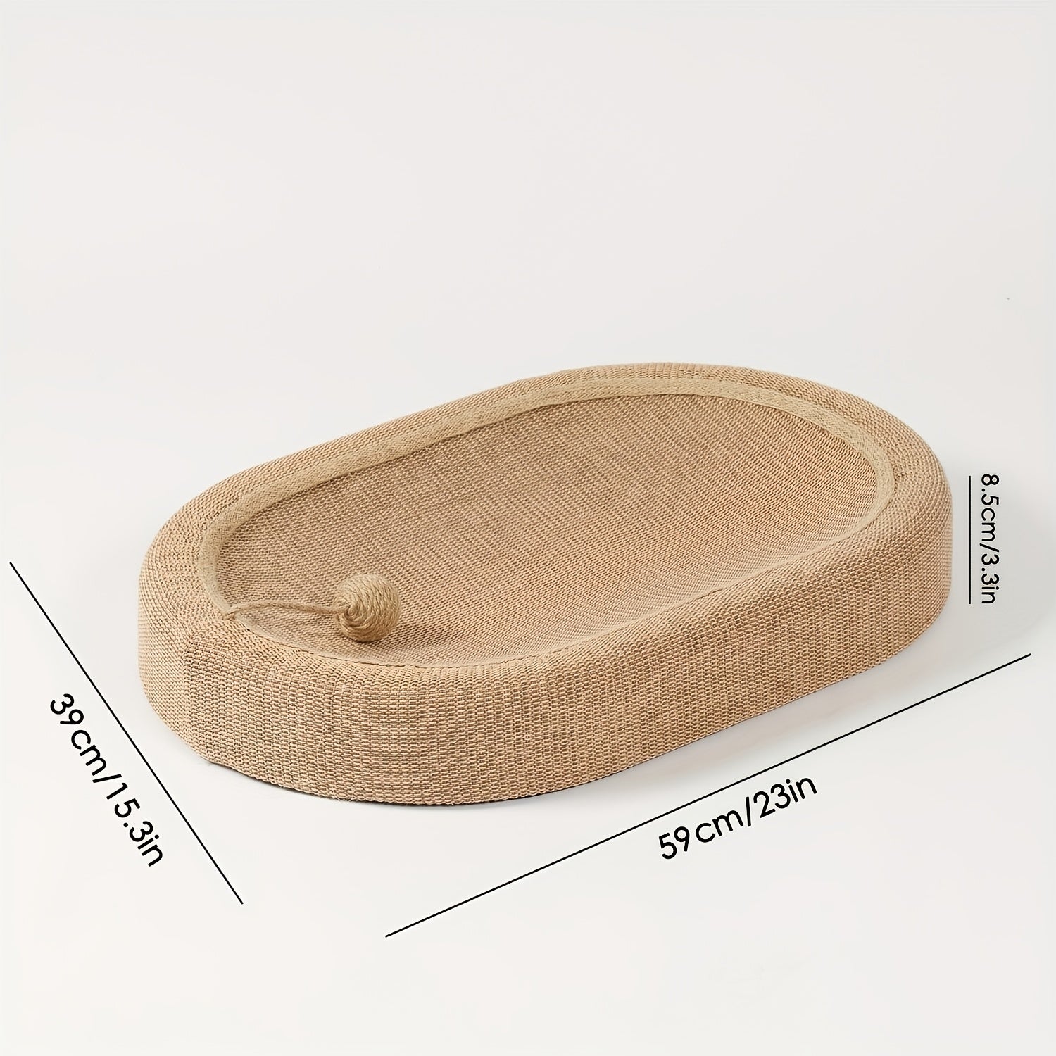 Beige pet bed with dimensions on a white background
