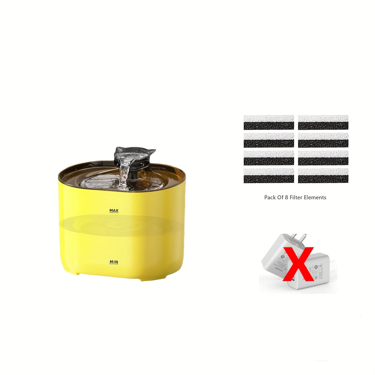 Yellow pet water fountain with filter elements and power adapter on a white background