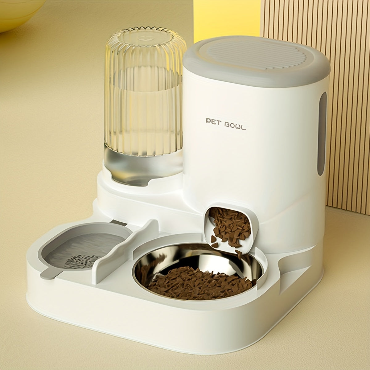 White pet feeder with water dispenser on a beige surface