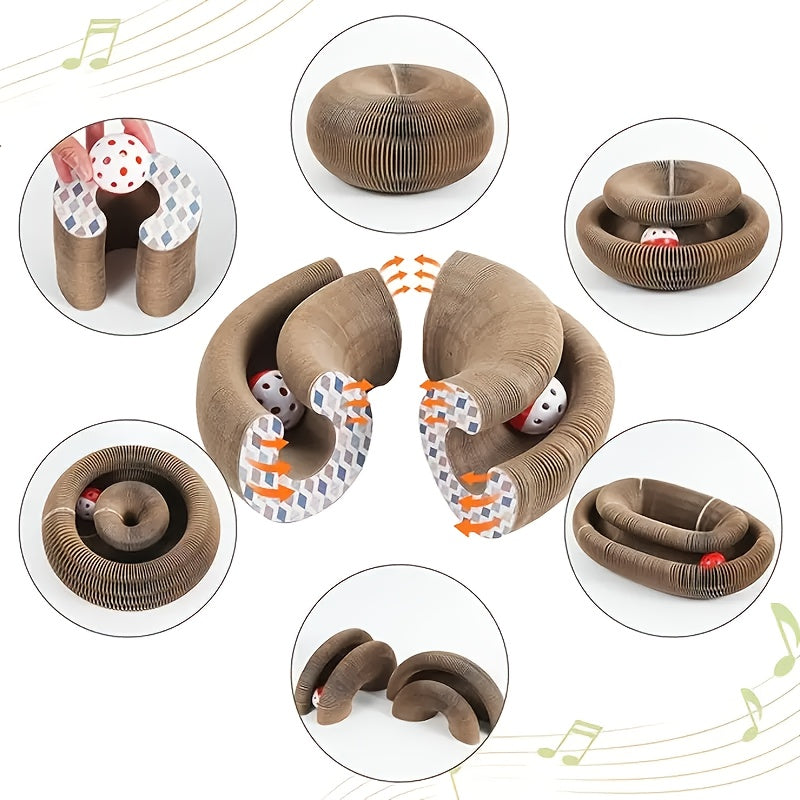 Collapsible cardboard snake toy with musical notes on a white background