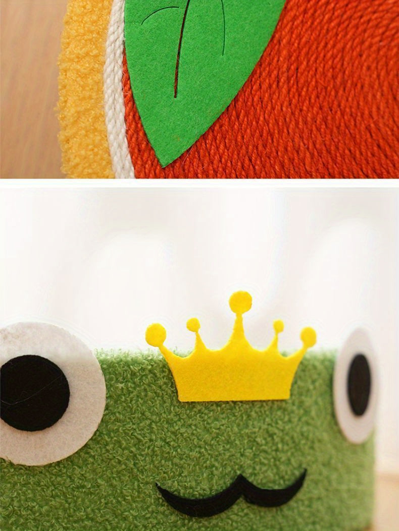 Close-up of a green character with a yellow crown and red background