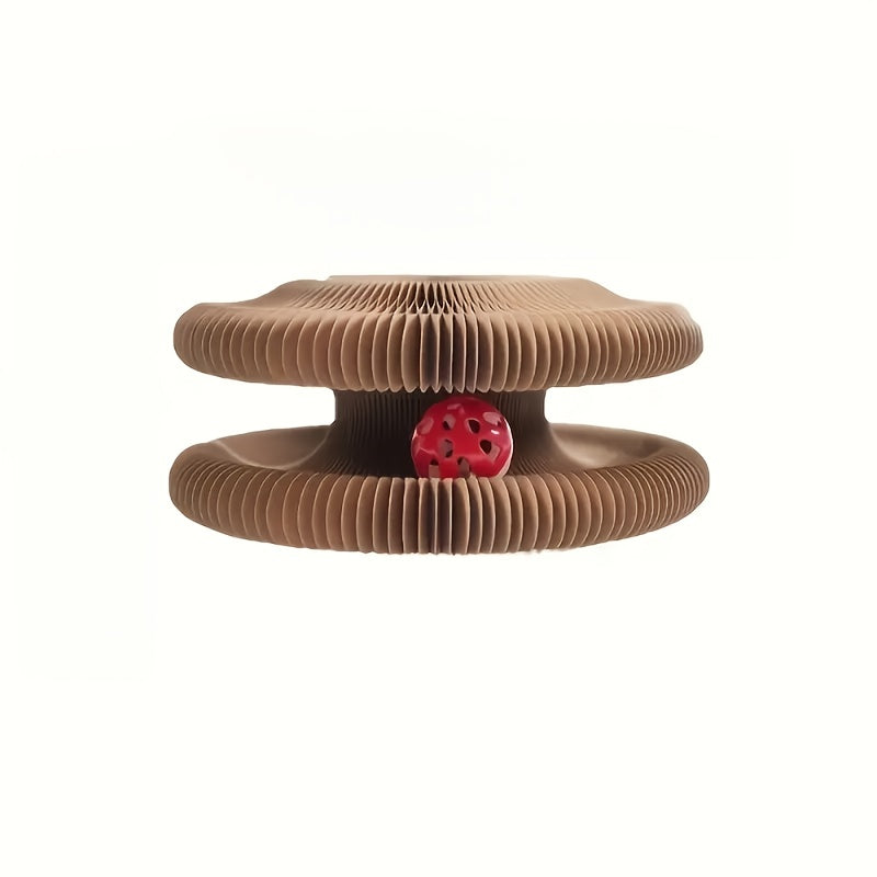 Brown pet toy with a red center on a white background