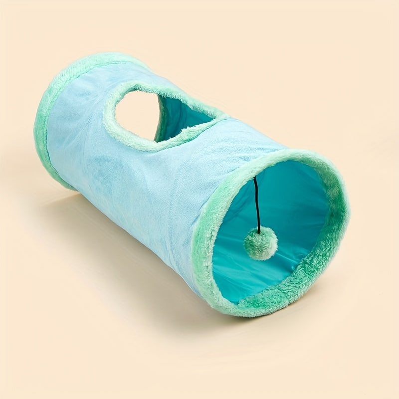 Blue pet toy tunnel with a green interior on a beige background