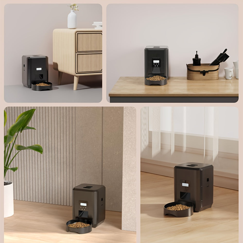 Collage of a pet food dispenser in various settings with a neutral background.