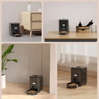 Collage of a pet food dispenser in various settings with a neutral background.