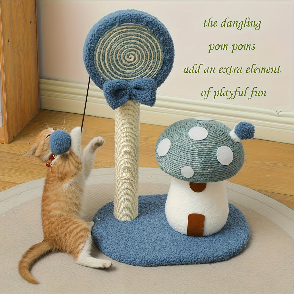 Cat playing with a blue and white cat tree with pom-poms on a wooden floor.