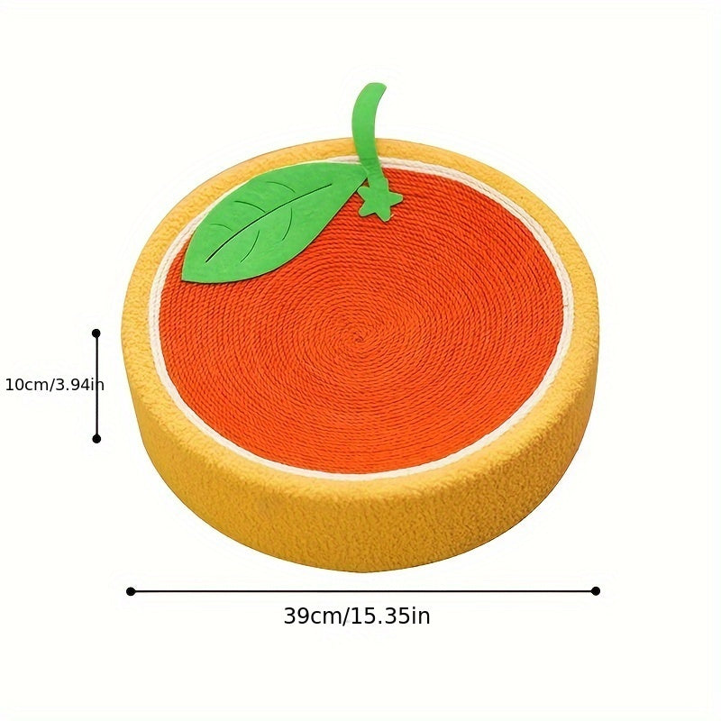 Round orange-shaped toy with a green leaf on a white background