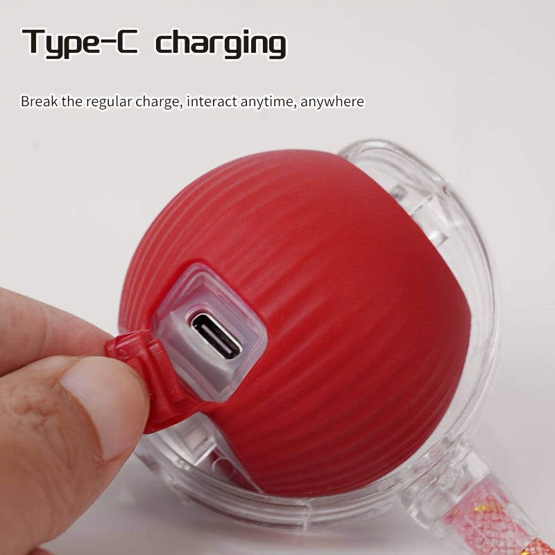 Red charging case with Type-C port held by a hand on a white background