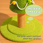Green cat tree with a brown base on a wooden floor, featuring text advice.