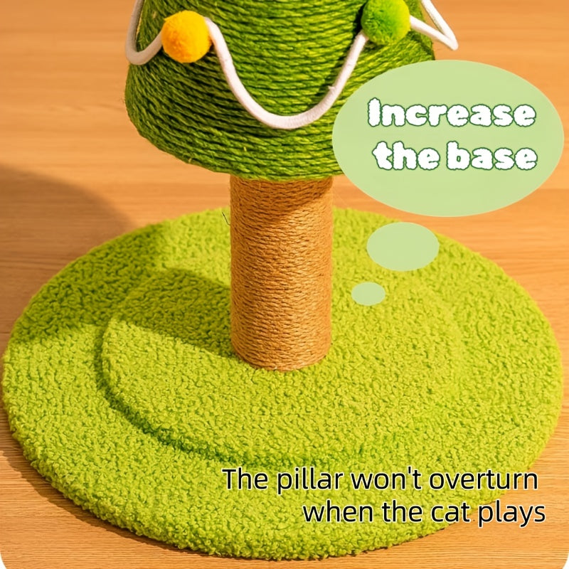 Green cat tree with a brown base on a wooden floor, featuring text advice.