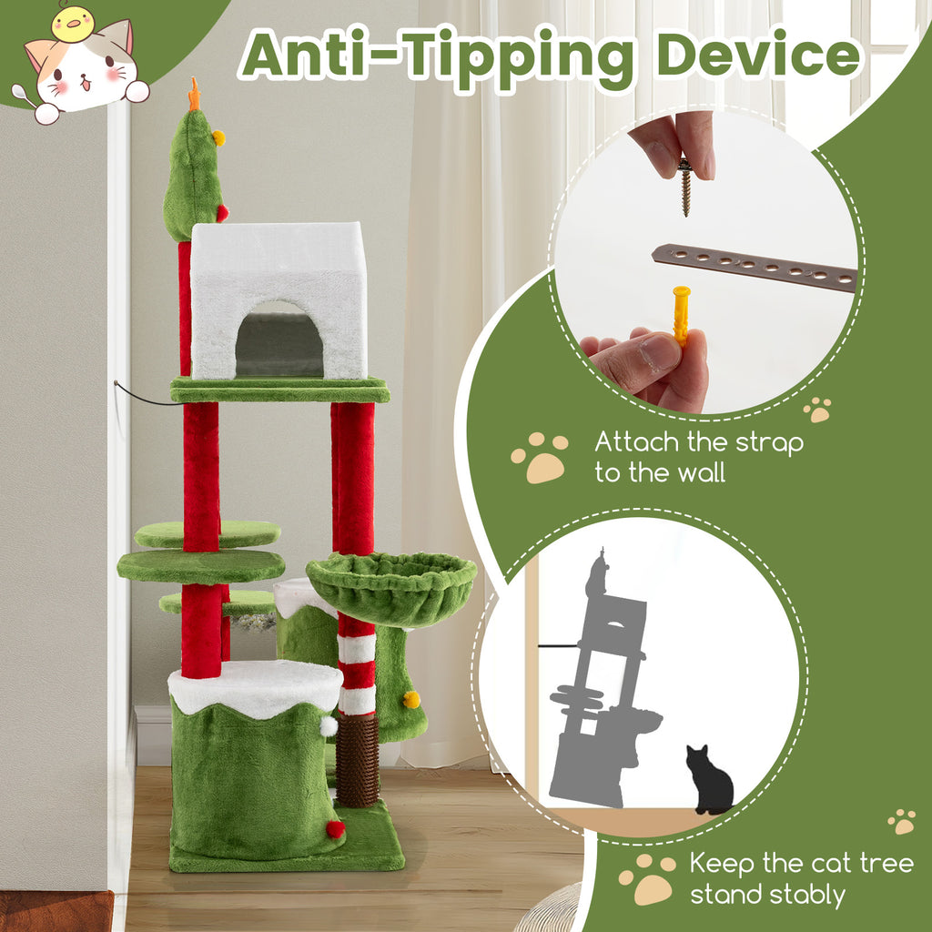 Cat tree with anti-tipping device and installation instructions on a green background
