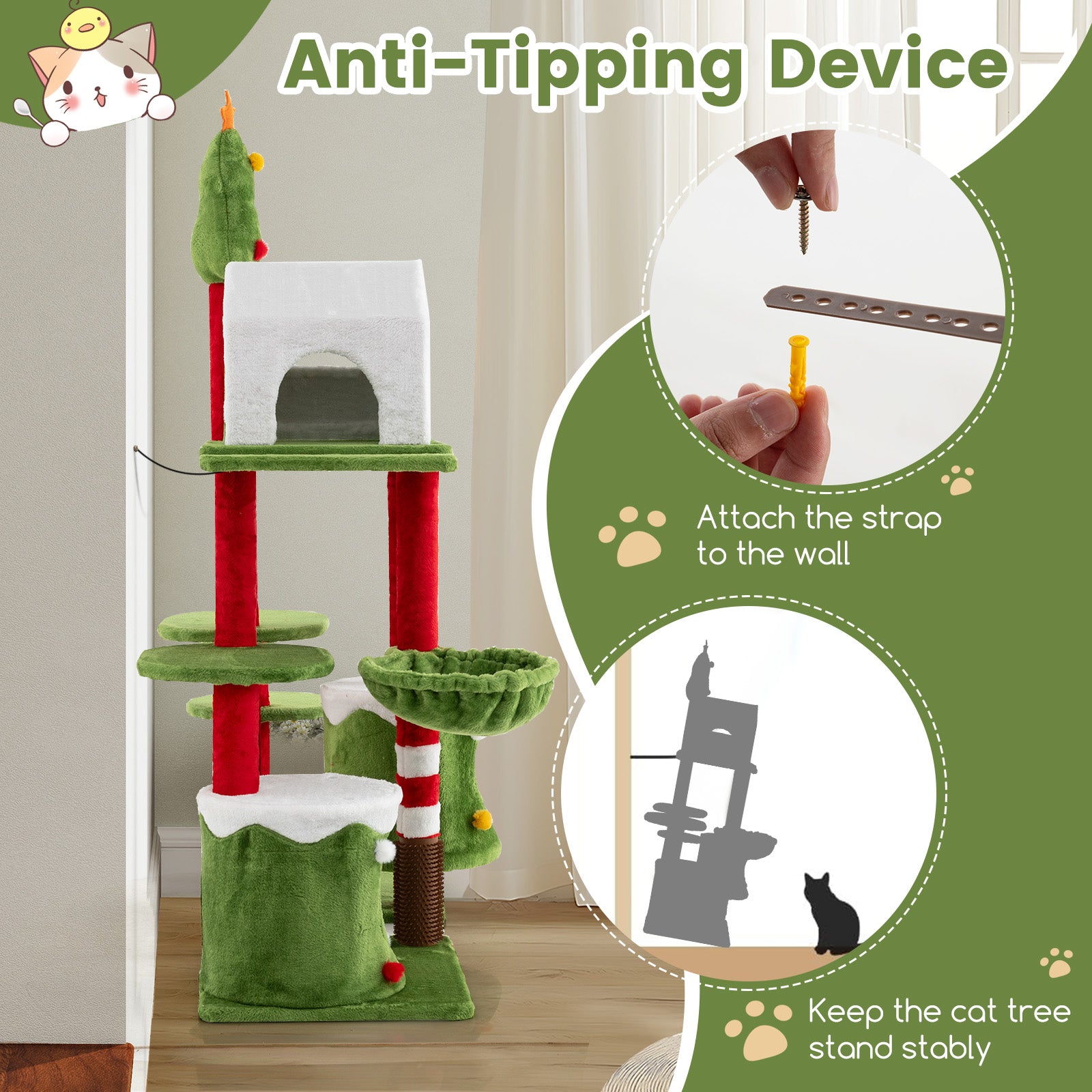 Cat tree with anti-tipping device and installation instructions on a green background