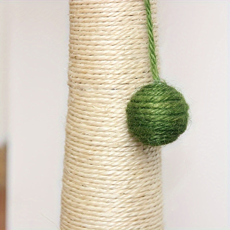 Cat scratch post with a green ball attachment on a white background