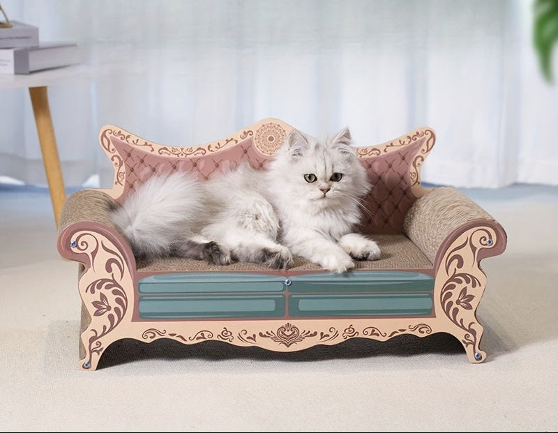 Cat lying on a decorative cat scratch board with a blurred background