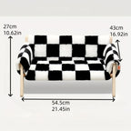 Small checkered bench with dimensions labeled on a white background