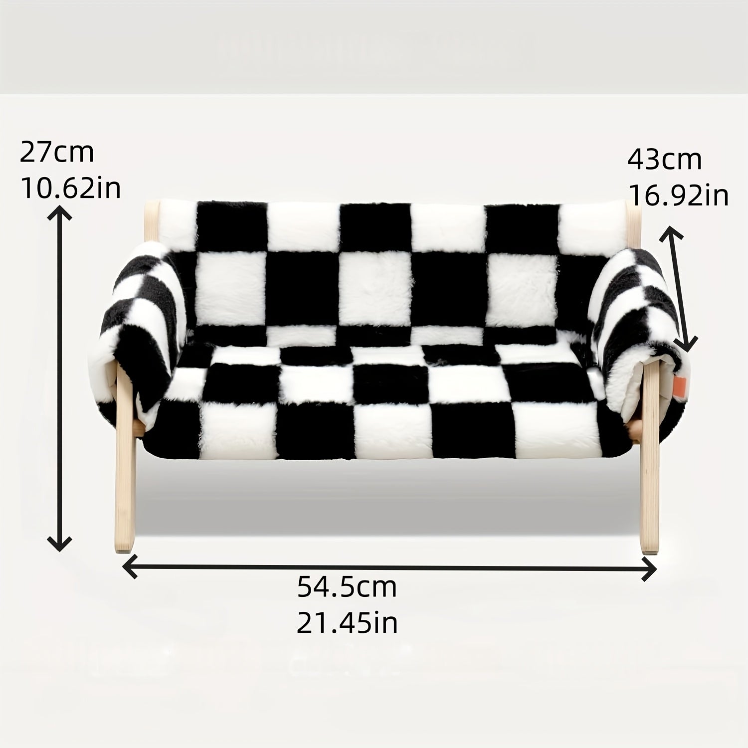 Small checkered bench with dimensions labeled on a white background
