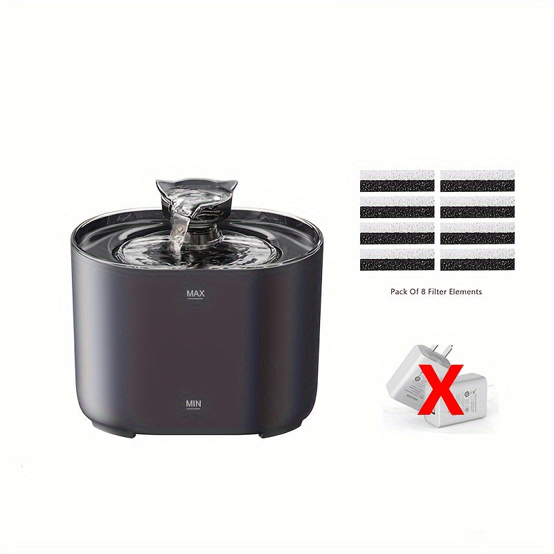 Pet water fountain with filter elements and power adapter on a white background