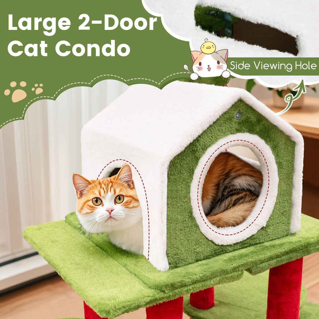 Green cat condo with two doors and a side viewing hole, featuring two cats inside.