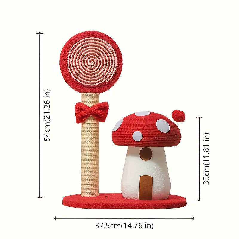 Red and white mushroom-shaped cat toy with a spiral perch, measurements indicated.