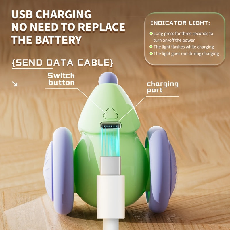 Green and purple device with USB charging cable on a wooden surface