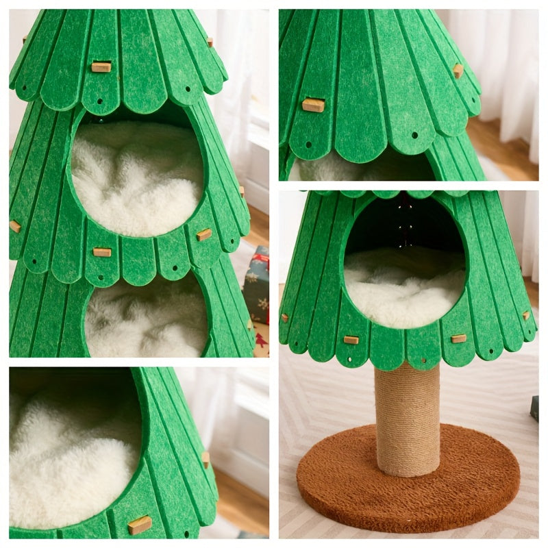 Collage of a green tree-shaped cat house with a brown base.
