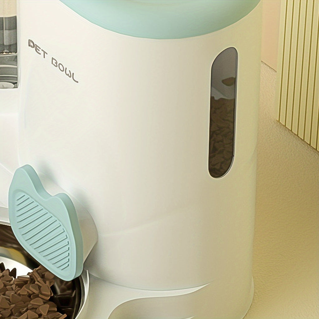 Pet food dispenser with a bowl of food on a light-colored surface