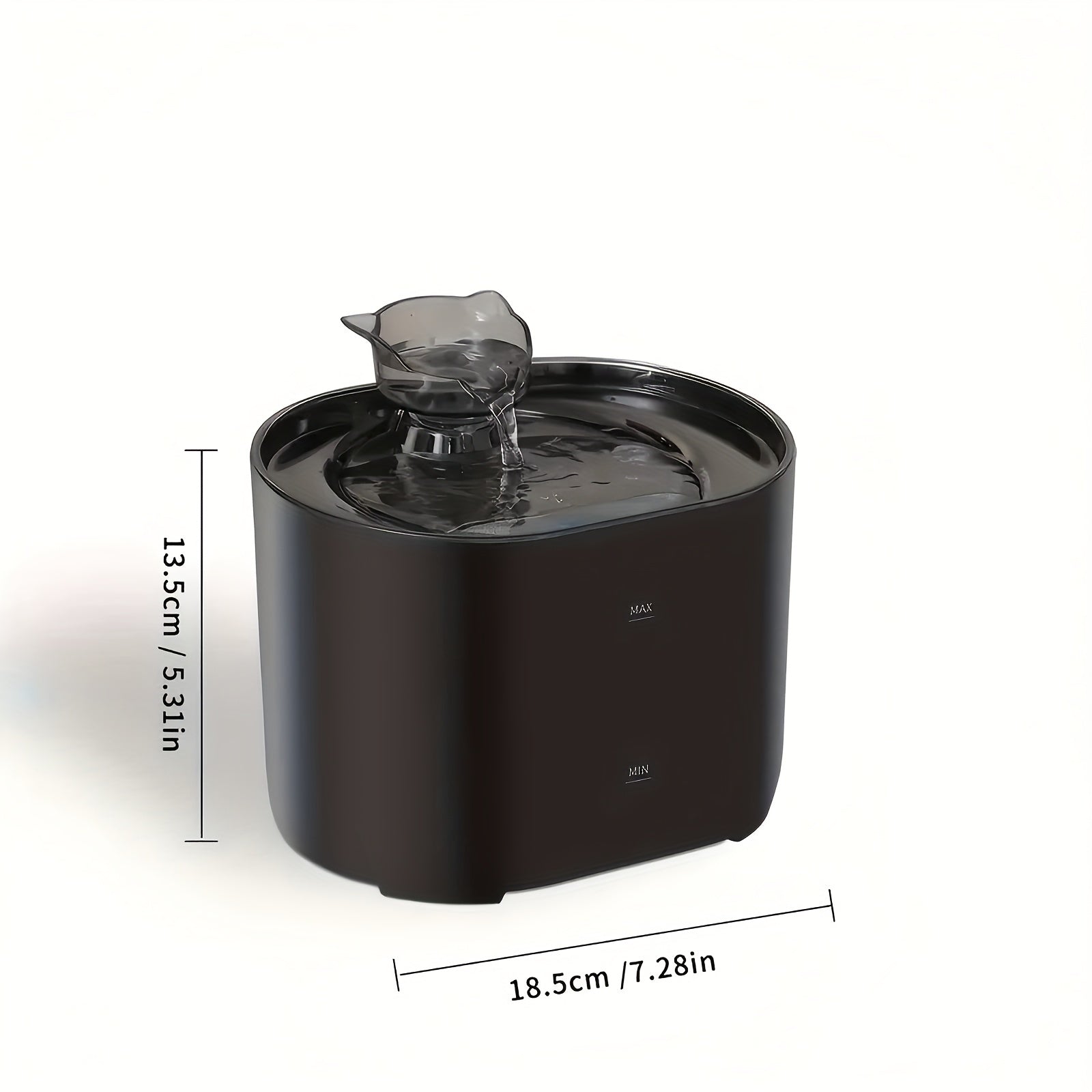 Black pet water fountain with dimensions displayed on a white background