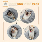Pet product with a cat inside, labeled 'Hide-and-Seek Vent', on a beige background.