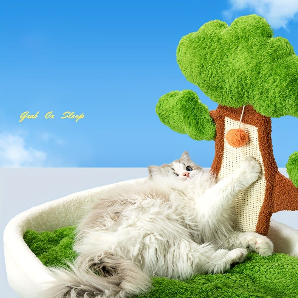 Cat lying on a grass-like surface with a tree-shaped toy in the background
