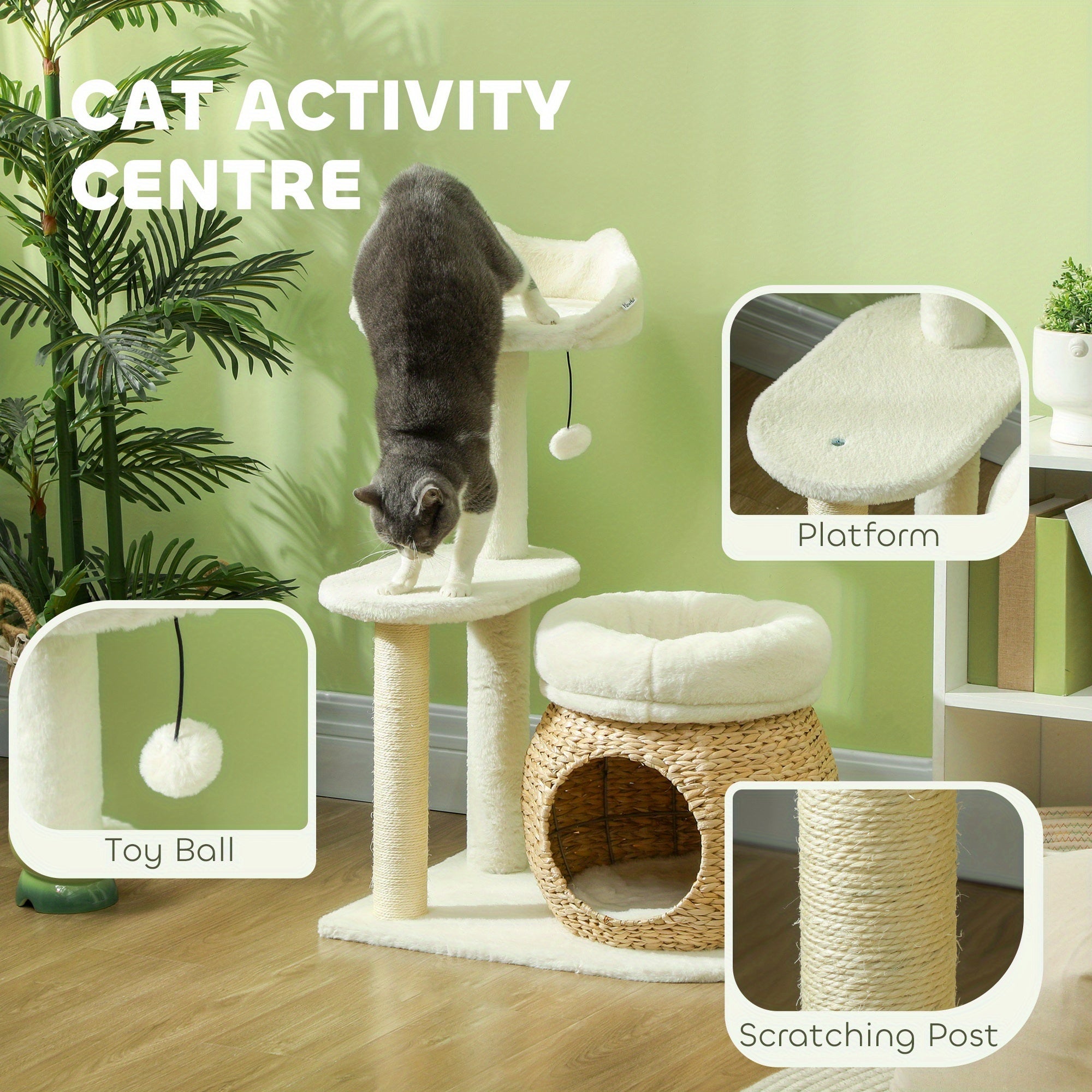 Cat activity center with a cat climbing on it, surrounded by plants and furniture.