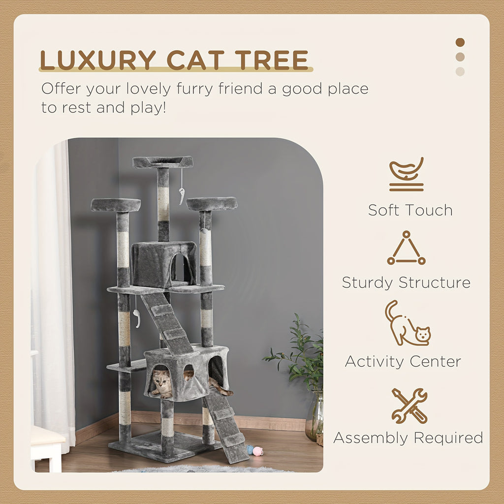 Cat tree with features listed on a beige background