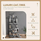 Cat tree with features listed on a beige background