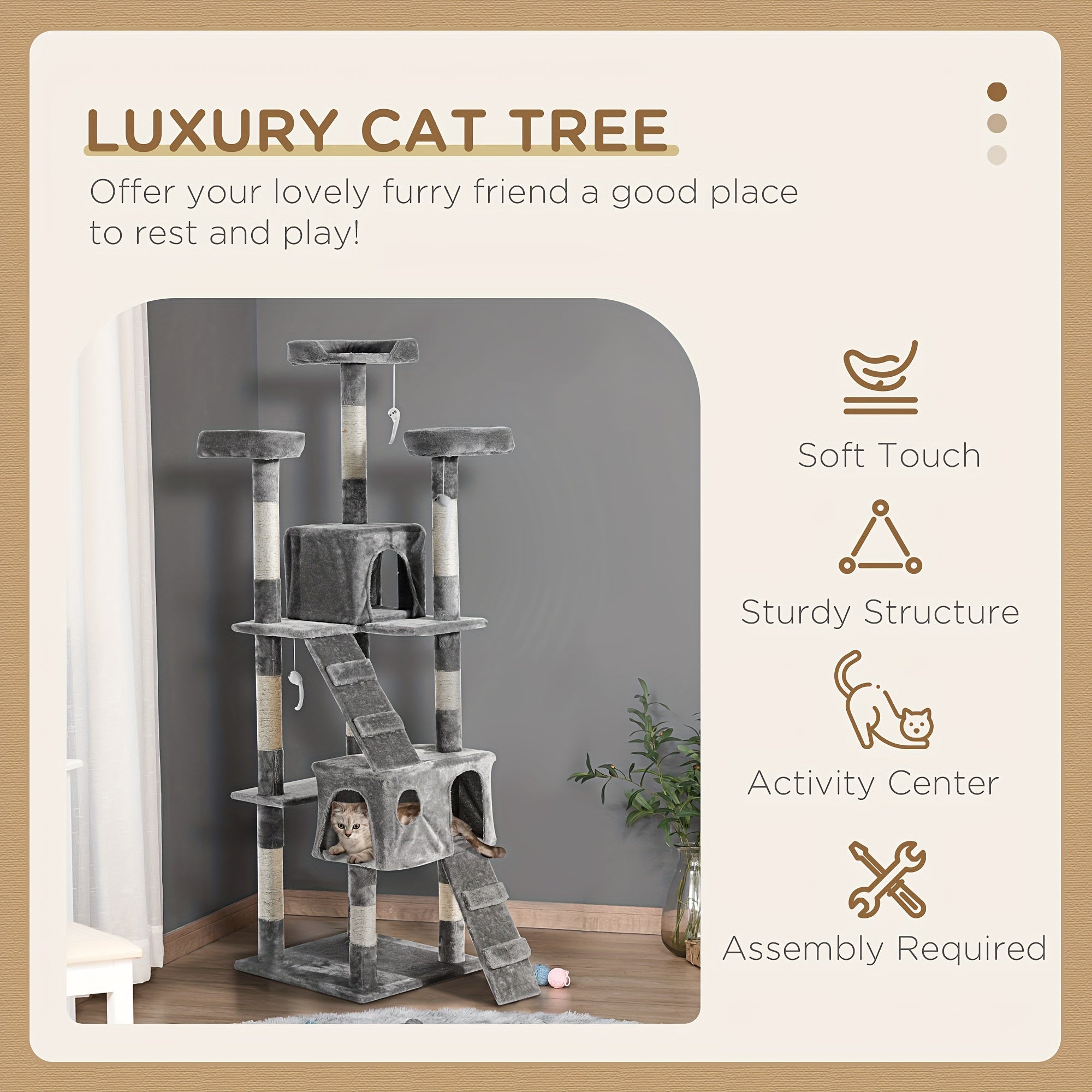 Cat tree with features listed on a beige background
