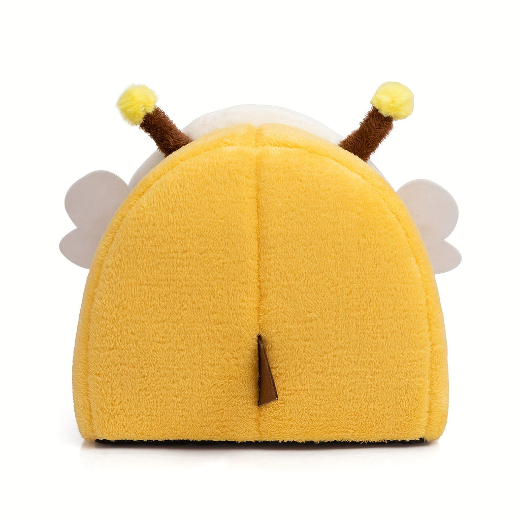 Yellow caterpillar-shaped plush toy on a white background
