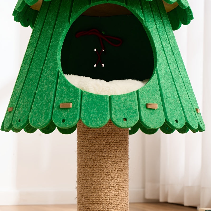 Green tree-shaped cat playhouse with a brown base on a white background
