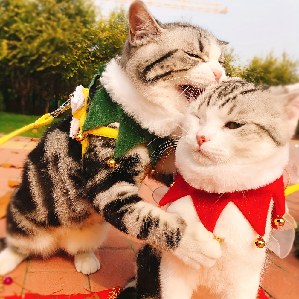 Two cats wearing festive outfits outdoors on a sunny day.