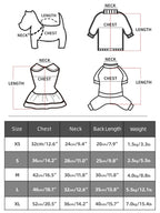 Measurement chart and size chart for dog clothing with labeled parts and measurements.