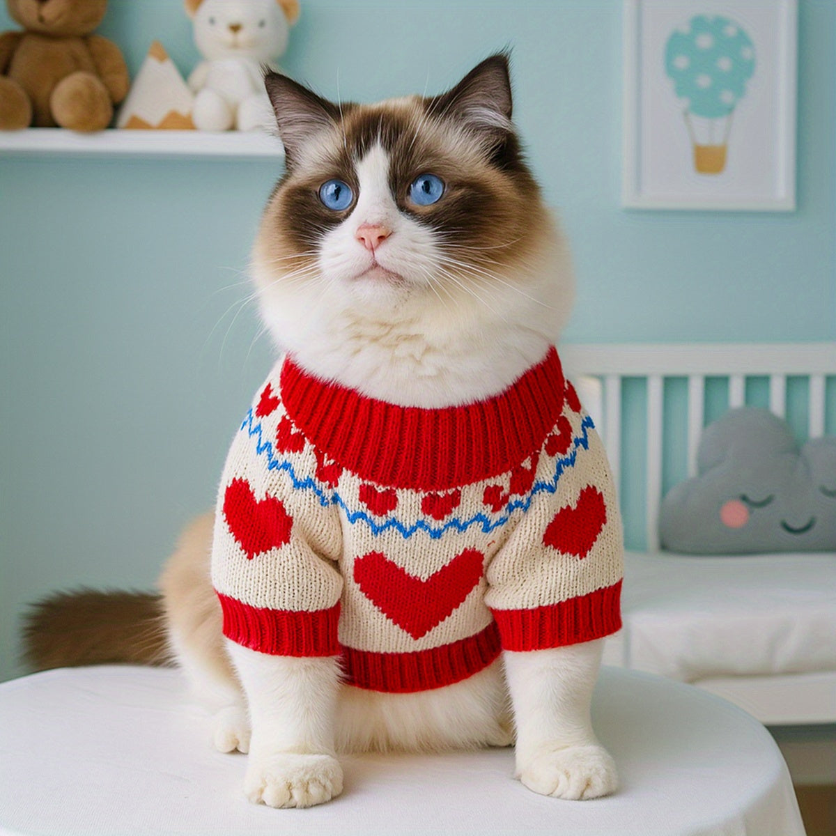 Cat wearing a red sweater with heart patterns in a room with light blue walls and toys on a shelf.