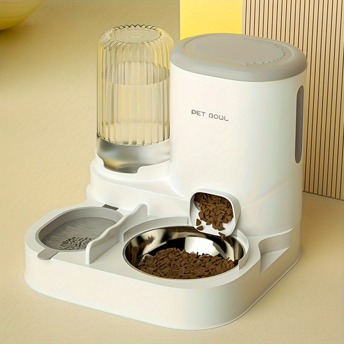 Pet food dispenser with a water bottle on a beige surface