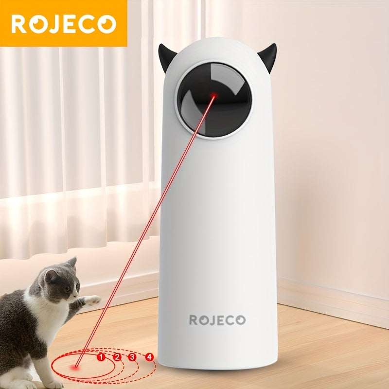 Cat toy with red laser beam and ROJECO branding on a light background