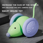 Green toy mouse with large purple wheels on a dark surface