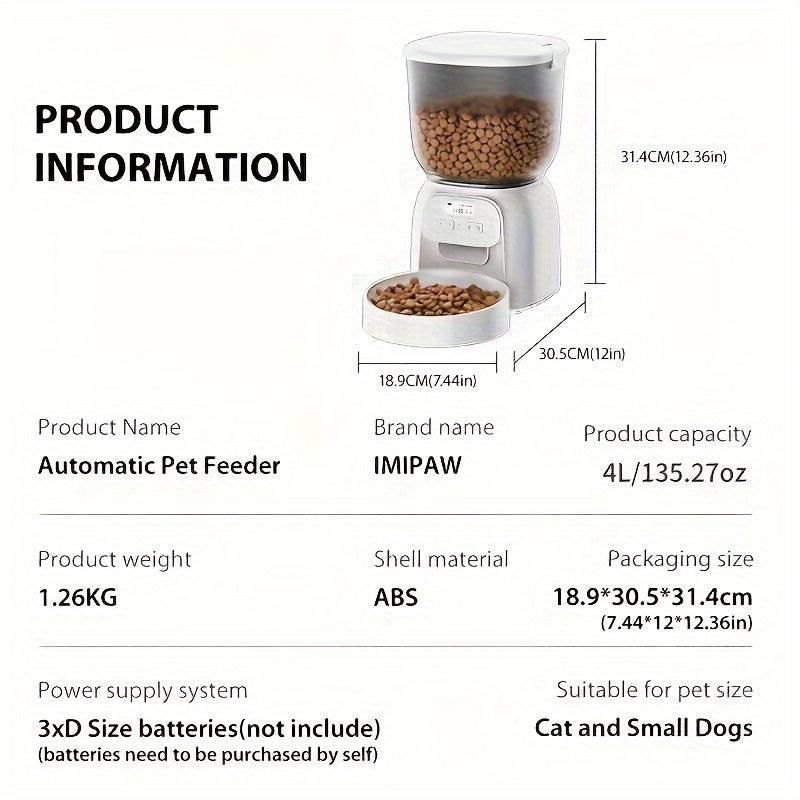 Automatic pet feeder with product information on a white background