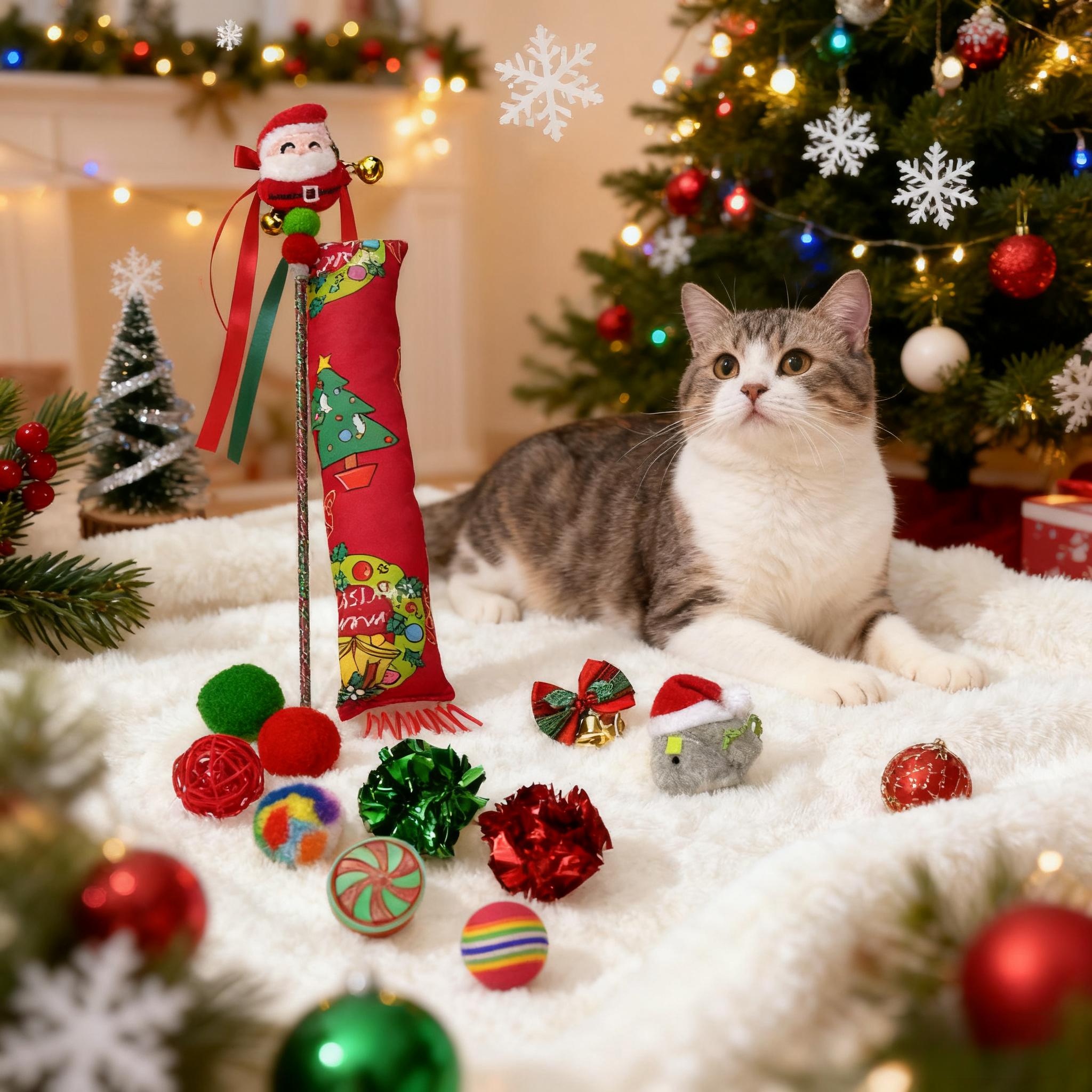 Cat sitting on a blanket with Christmas decorations and a toy in front of a decorated tree.