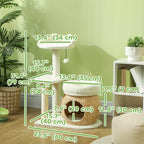 Cat tree with dimensions labeled in a home setting