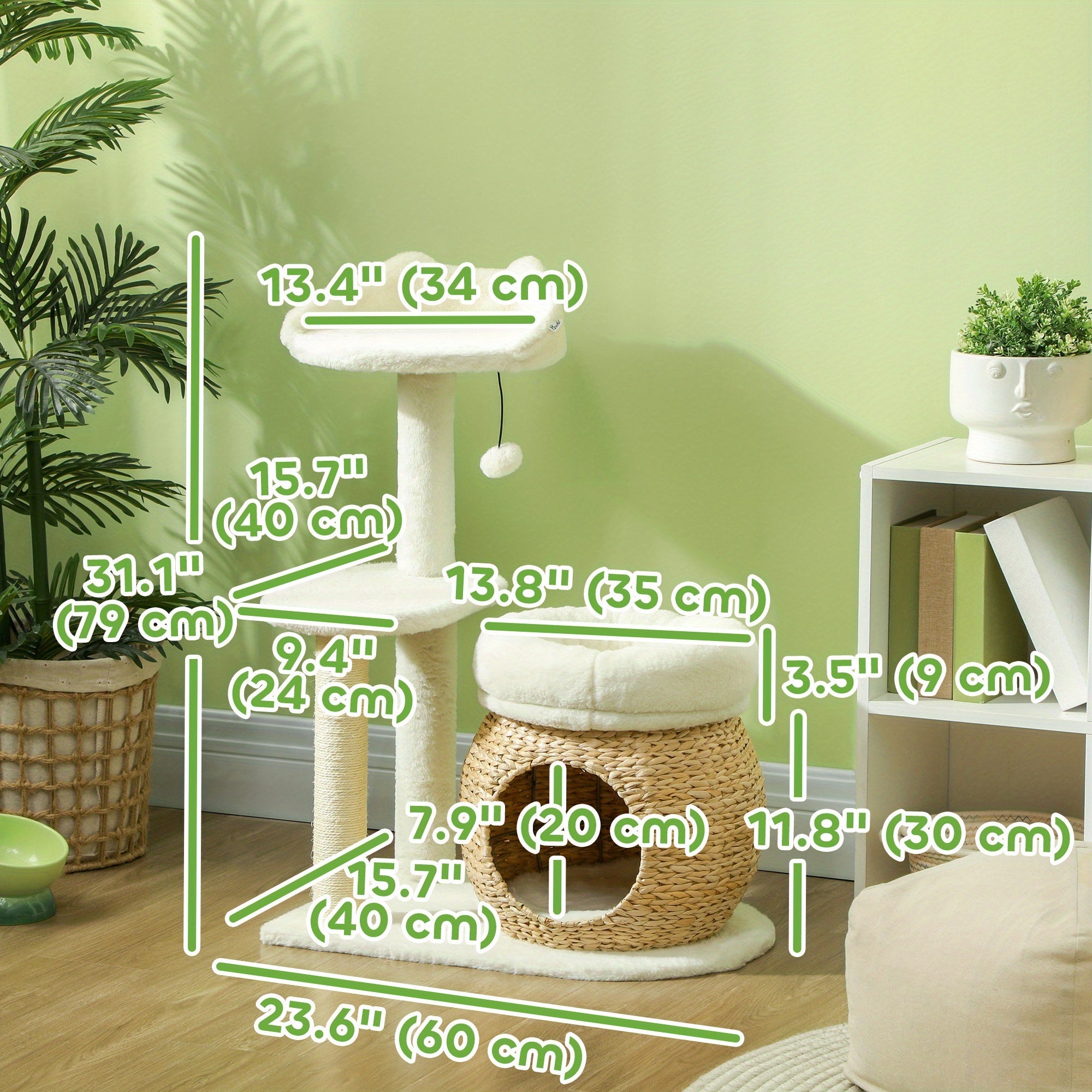 Cat tree with dimensions labeled in a home setting